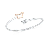 Sterling Silver & 10K Rose Gold Diamond Butterfly Bangle