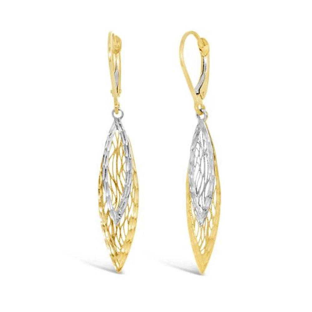 10K Yellow and White Gold Diamond Cut Dangle Earrings