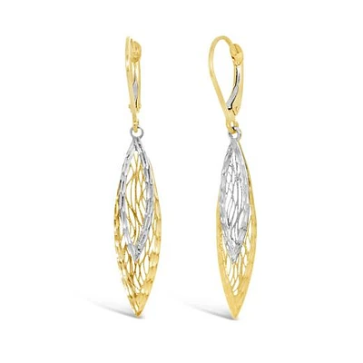 10K Yellow and White Gold Diamond Cut Dangle Earrings
