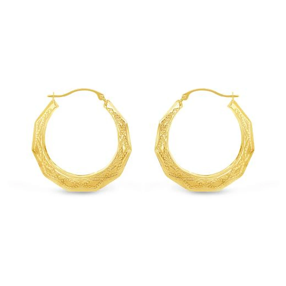 10K Yellow Gold Patterned Round Creole Earrings