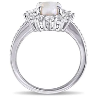 Julianna B Sterling Silver Opal and 0.10CTW Diamond and White Topaz Halo Ring