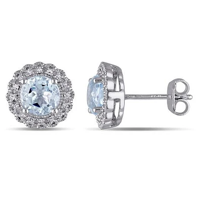 Julianna B Sterling Silver Blue Topaz & 0.10CTW Diamond Halo Stud Earrings