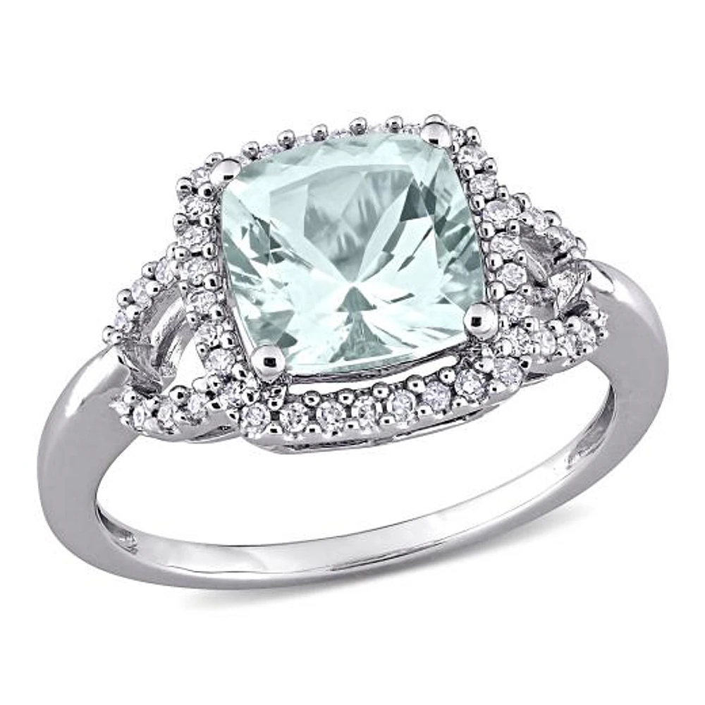 Julianna B 10K White Gold Cushion Aquamarine and 0.16CTW Diamond Halo Ring
