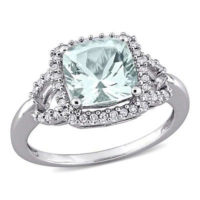 Julianna B 10K White Gold Cushion Aquamarine and 0.16CTW Diamond Halo Ring