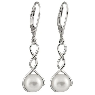 Sterling Silver 7.5-8mm Dangling Leverback Pearl Earrings