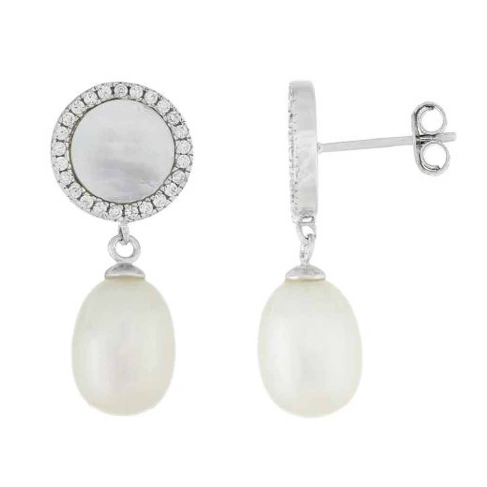 Sterling Silver 7.5-8mm Mother of Pearl Dangling Earrings