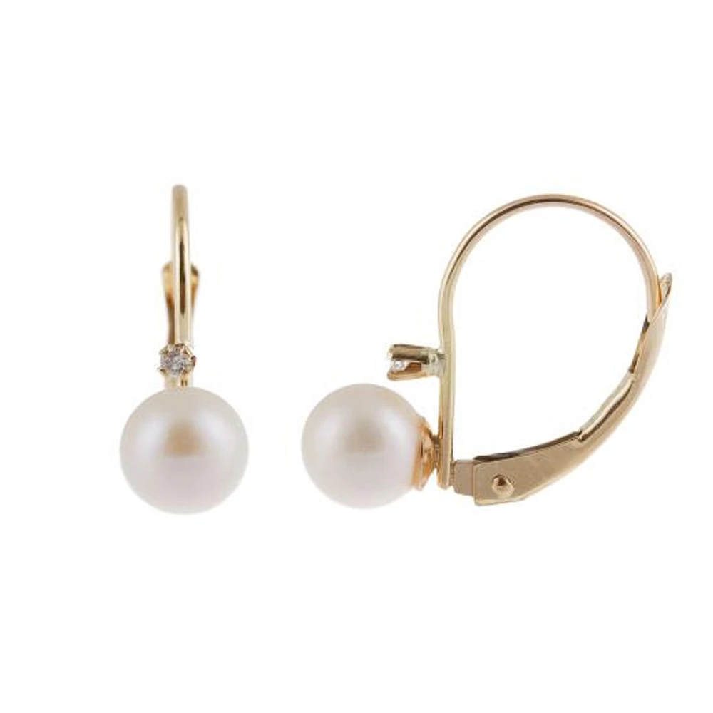14K Yellow Gold 5-6mm Pearl & Diamond Accented Leverback Earrings