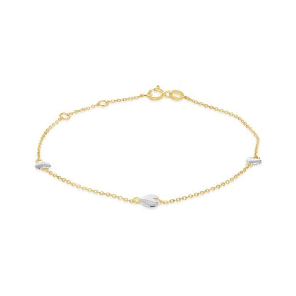 10K Yellow and White Gold 10" 3 Stations Heart Anklets
