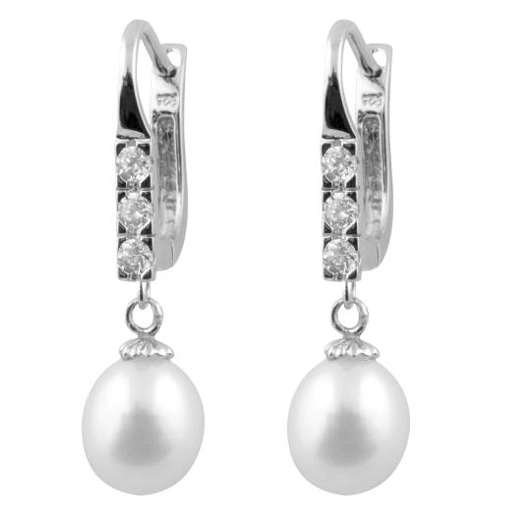 Sterling Silver 7-8mm White Freshwater Pearls and Cubic Zirconia Earrings