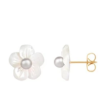 14K Yellow Gold 4-4.5mm Freshwater Pearls and 10mm Mother of Pearl Stud Earrings