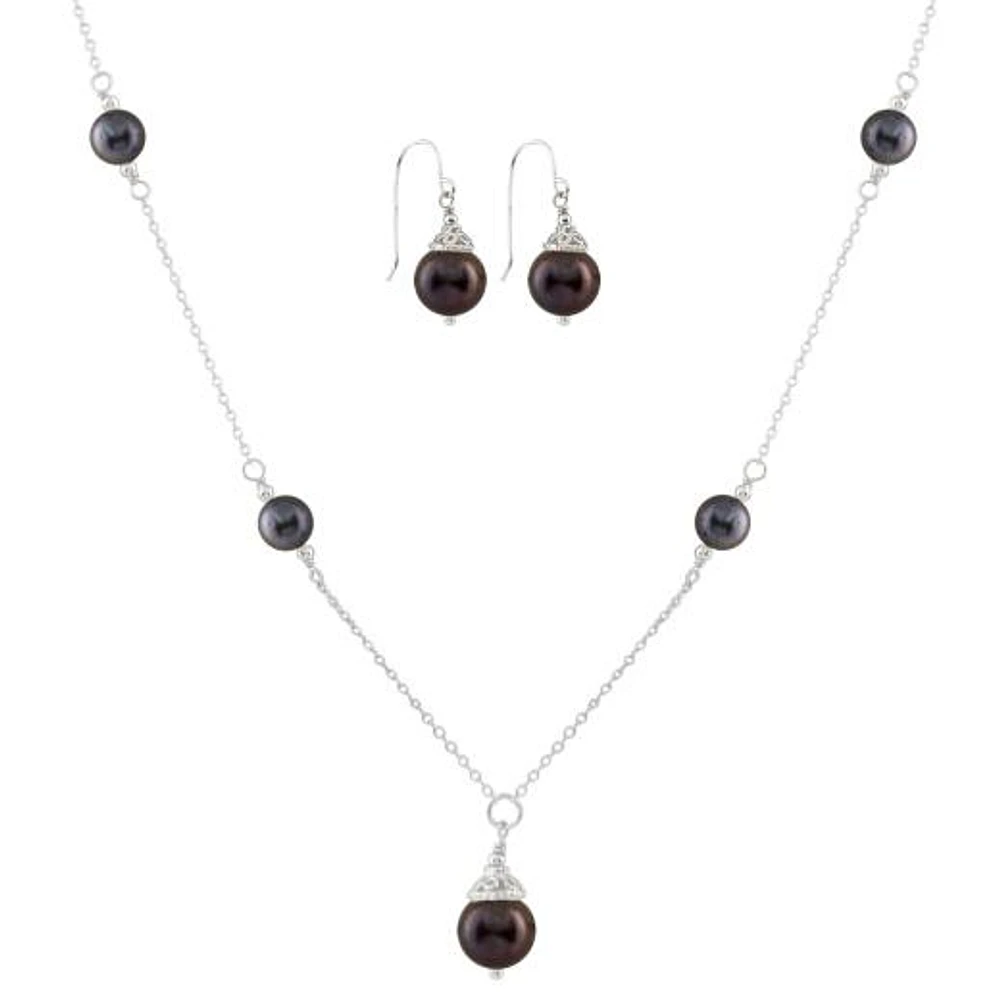 Sterling Silver Black Freshwater Pearl 18" Necklace and Earrings Set