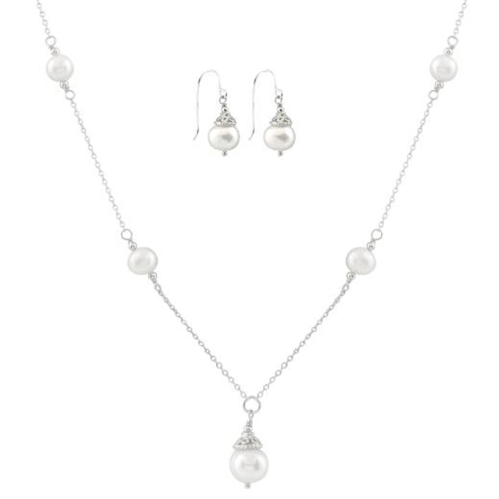 Sterling Silver White Freshwater Pearl 18" Necklace and Earrings Set