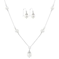Sterling Silver White Freshwater Pearl 18" Necklace and Earrings Set
