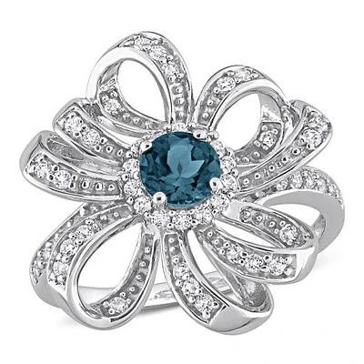 Julianna B Sterling Silver London Blue Topaz & White Flower Cocktail Ring
