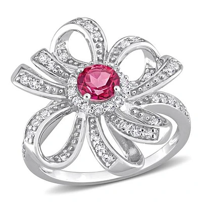 Julianna B Sterling Silver Pink Topaz and White Flower Cocktail Ring