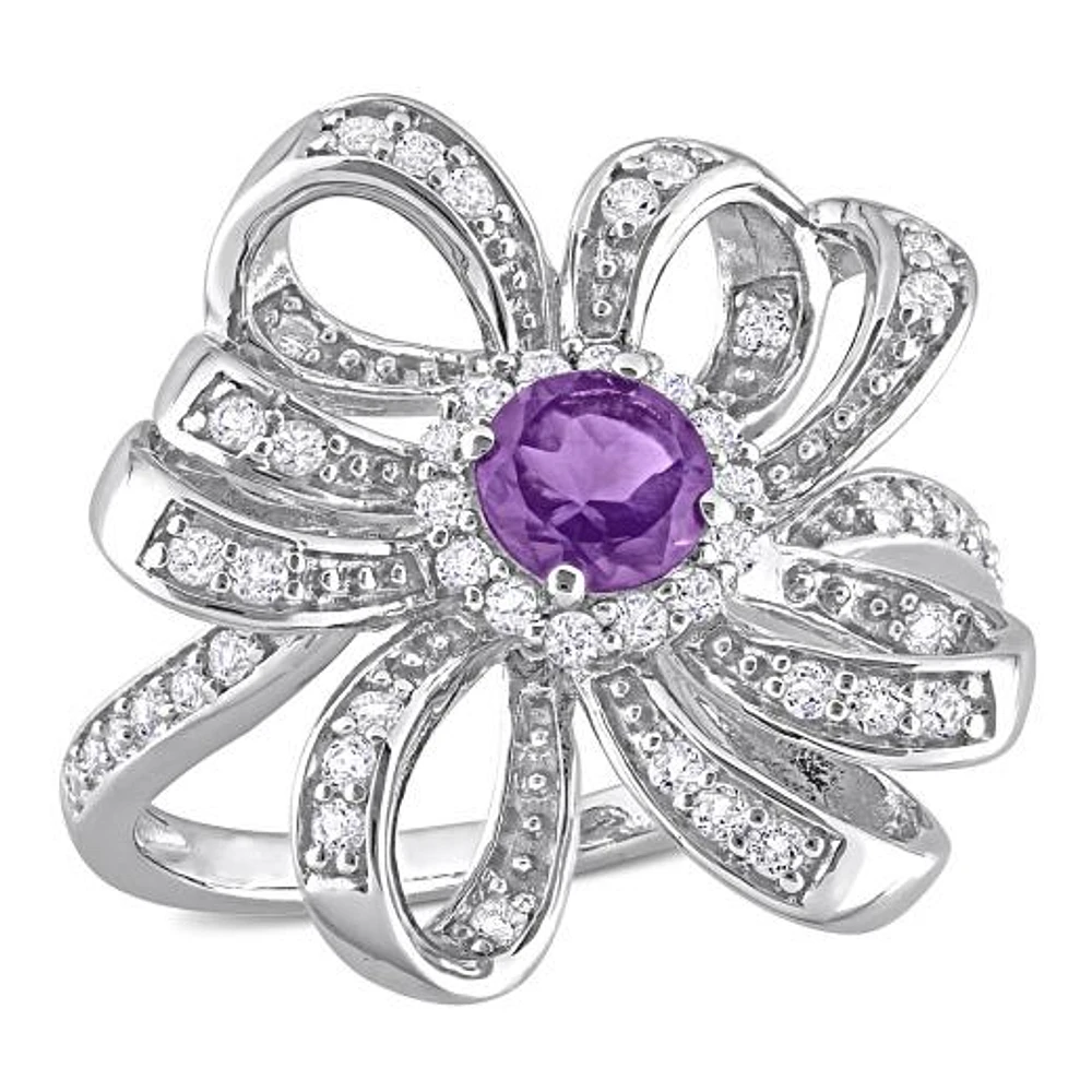 Julianna B Sterling Silver African Amethyst & White Topaz Flower Cocktail Ring
