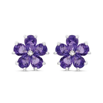 Sterling Silver Amethyst and Diamond Flower Earrings