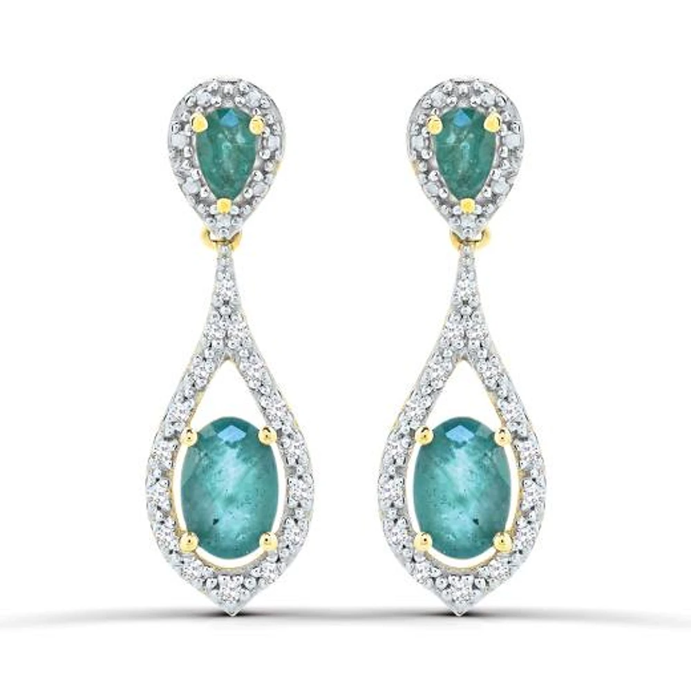 10K Yellow Gold Emerald and Diamond Dangle Earrings