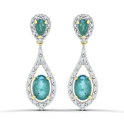 10K Yellow Gold Emerald and Diamond Dangle Earrings