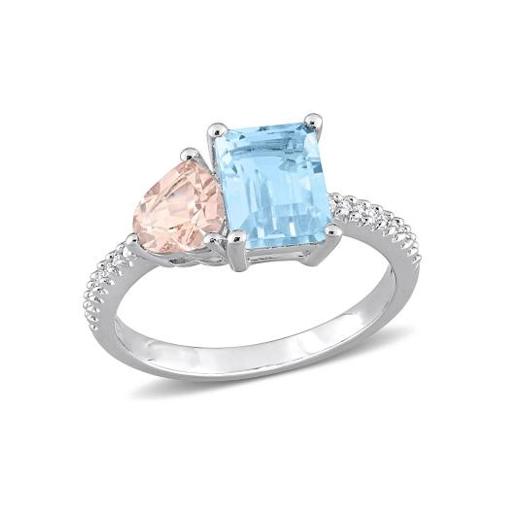 Julianna B Sterling Silver 0.10CTW Diamond, Blue Topaz & Morganite Ring
