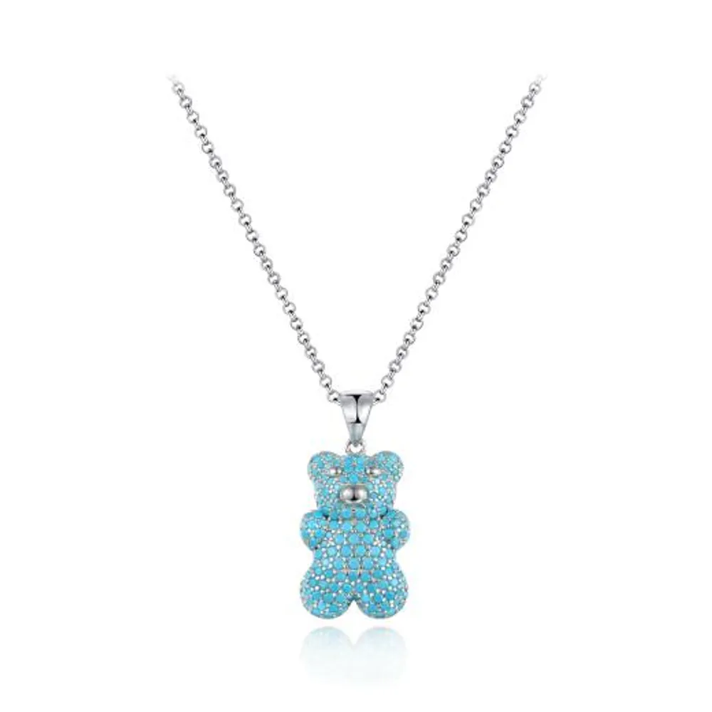 Sterling Silver 19" Blue Cubic Zirconia Gummy Bear Pendant with Adjustable Chain