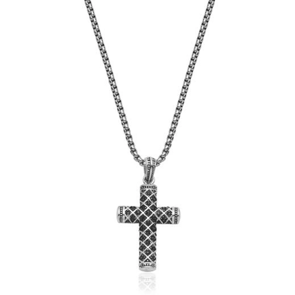 SteelX Stainless Steel 24" Cross Pendant with Black Cubic Zirconia
