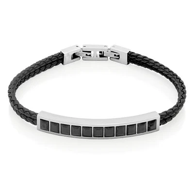 SteelX Stainless Steel 8.25+0.5" Black Cubic Zirconia Leather Bracelet