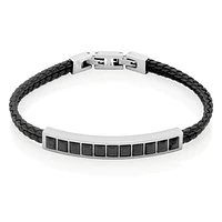 SteelX Stainless Steel 8.25+0.5" Black Cubic Zirconia Leather Bracelet