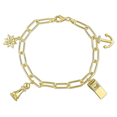 Julianna B Sterling Silver Yellow Plated Diamond Charm 9" Bracelet