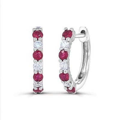 14K White Gold Ruby and Diamond Hoop Earrings