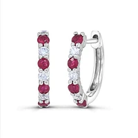 14K White Gold Ruby and Diamond Hoop Earrings
