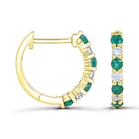14K Yellow Gold Emerald and Diamond Hoop Earrings