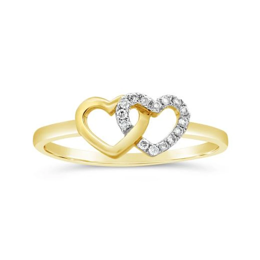 10K Yellow Gold Diamond Double Heart Promise Ring