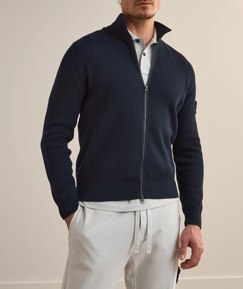 Ribbed Cotton Zipper Cardigan