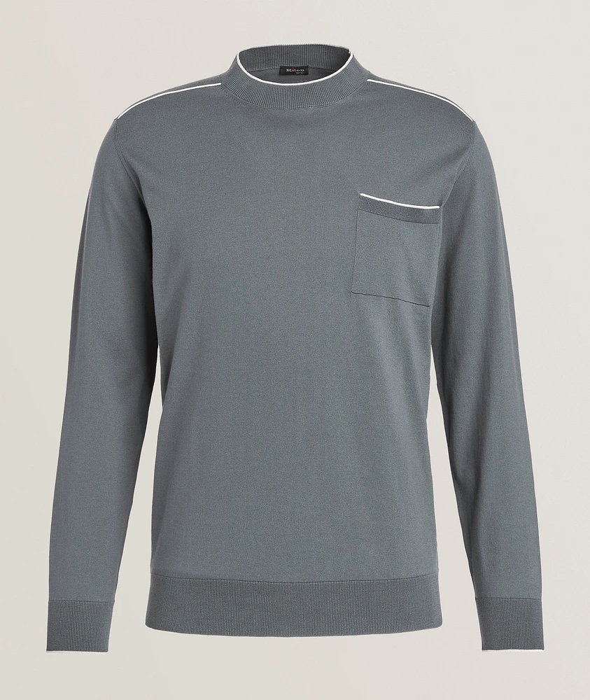 Striped Trim Cotton Crewneck Sweater
