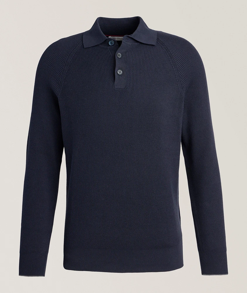Ribbed Raglan Cotton Polo Sweater