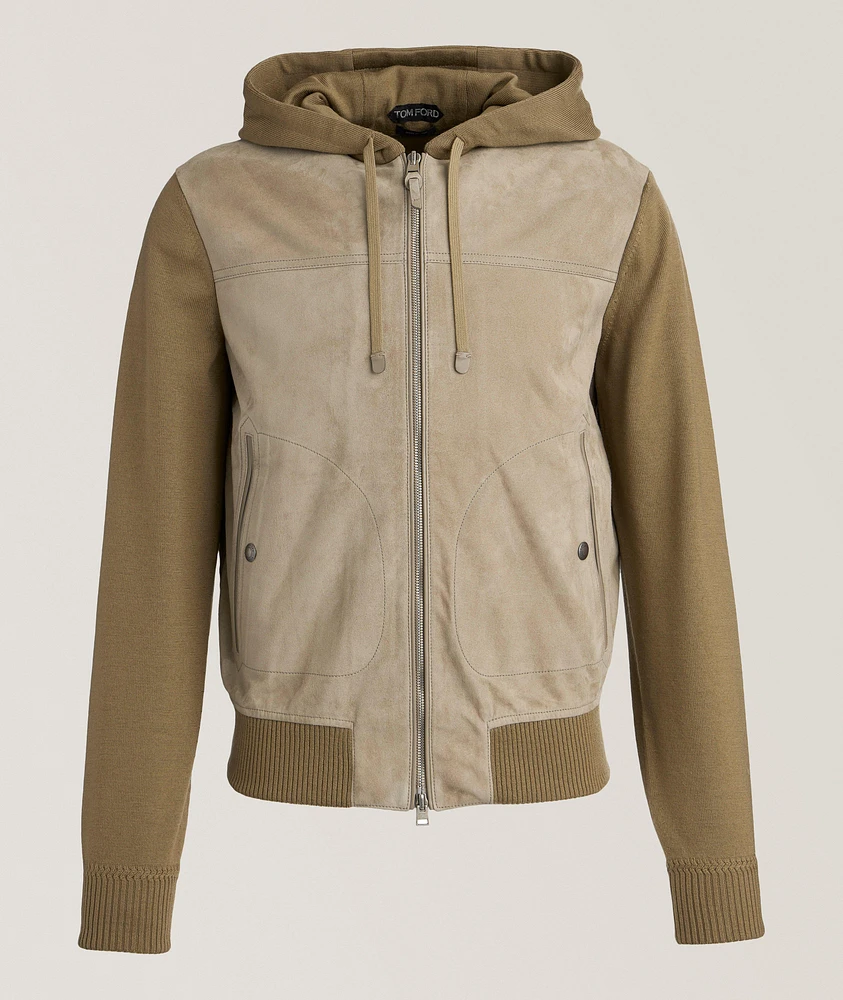 Hooded Suede-Front Zippered Cardigan