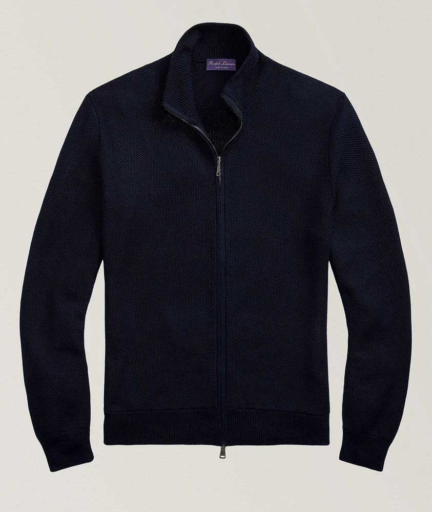 Honeycomb Silk-Cotton Knit Zipper Cardigan