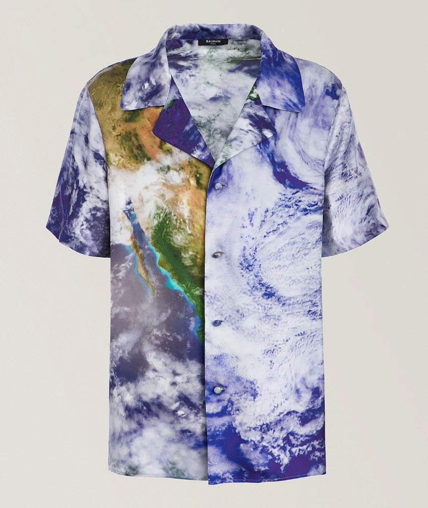 Earth-Print Silk Camp Shirt