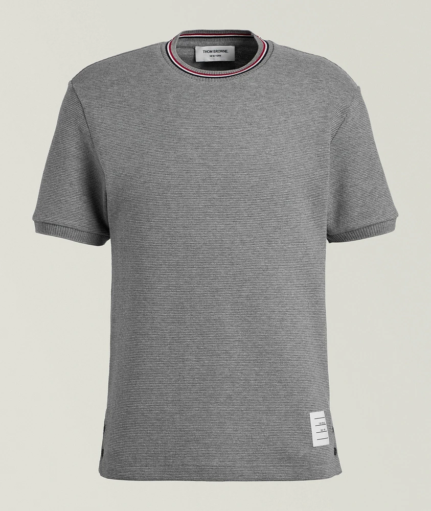 Striped Trim Cotton Waffle-Knit T-Shirt