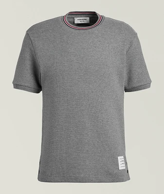 Striped Trim Cotton Waffle-Knit T-Shirt