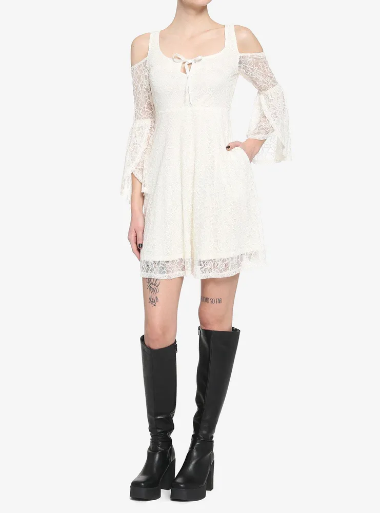 Ivory Cold Shoulder Bell-Sleeve Lace Dress