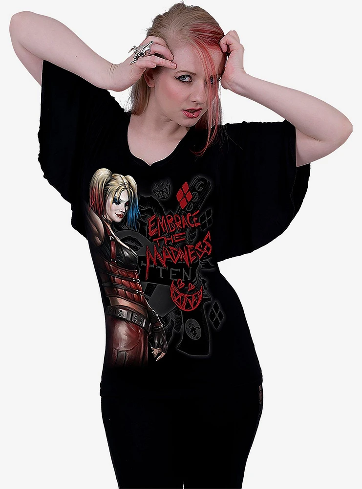 DC Comics Harley Quinn Embrace Madness Boat Neck Bat Sleeve Top