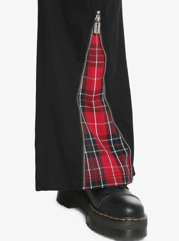 Black & Red Plaid Razor Zipper Flare Jeans Plus