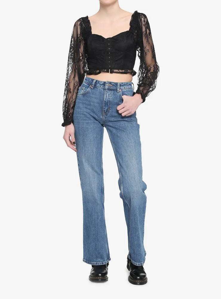 Black Lace Corset Girls Crop Long-Sleeve Top