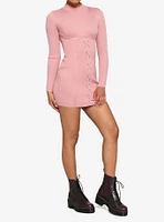 Pink Ribbed Lace-Up Mini Dress