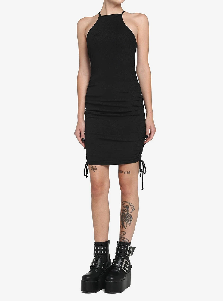 Black High Neck Ruched Dress