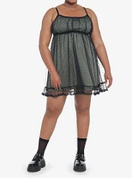 Sage Green Polka Dot Mesh Slip Dress Plus Size