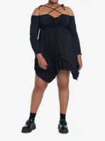Thorn & Fable Black Hanky Hem Girls Cold Shoulder Dress Plus Size