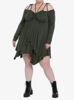 Thorn & Fable Green Hanky Hem Girls Cold Shoulder Dress Plus Size